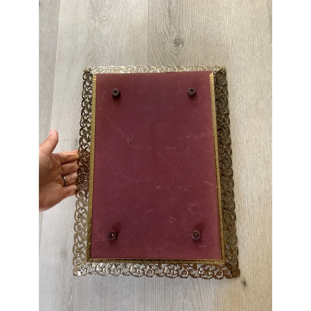 Vintage Hollywood Regency Mirrored Vanity Tray Gold Filigree Ornate Metal 13.5